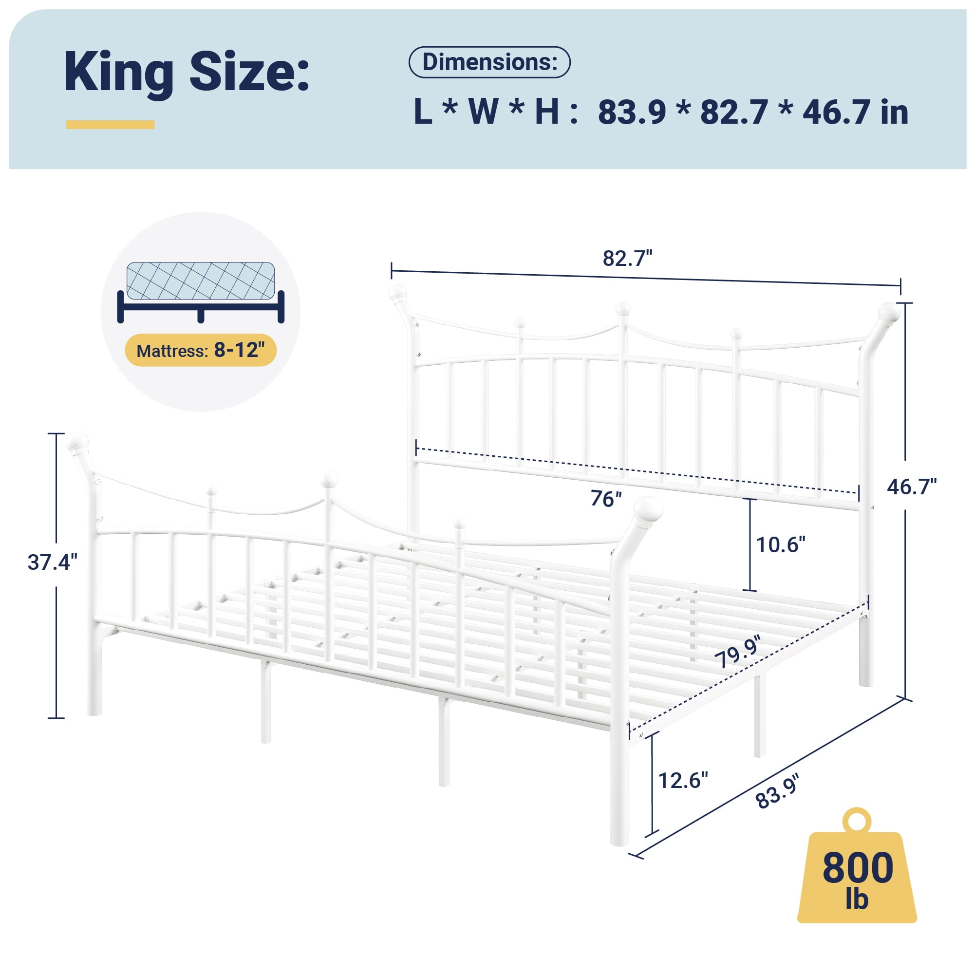 Allewie 14 Inches King Size Metal Platform Bed Frame with Elegant Crown Headboard & Footboard, Sturdy Mattress Foundation with Under-Bed Storage, Easy Assembly, No Box Spring Needed, White