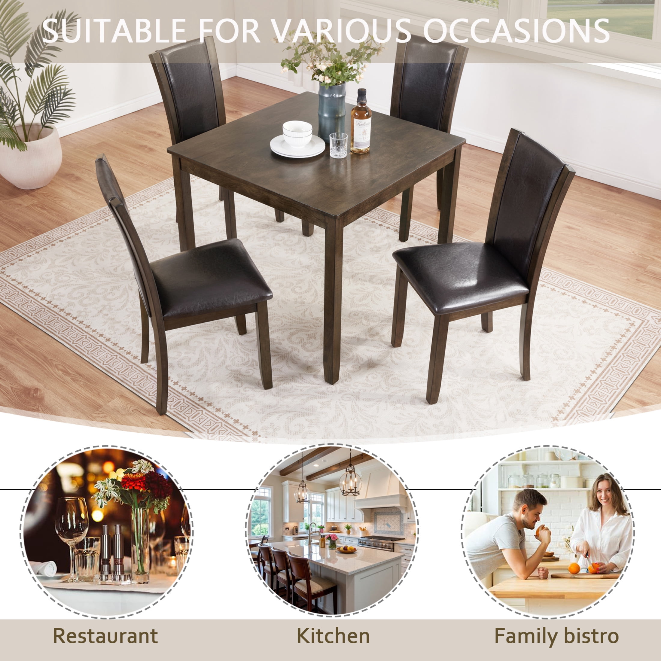 Noble House 5-Piece Dining Set, Square Wooden Table with 4 Upholstered Chairs for Kitchen and Dining Room, Walnut