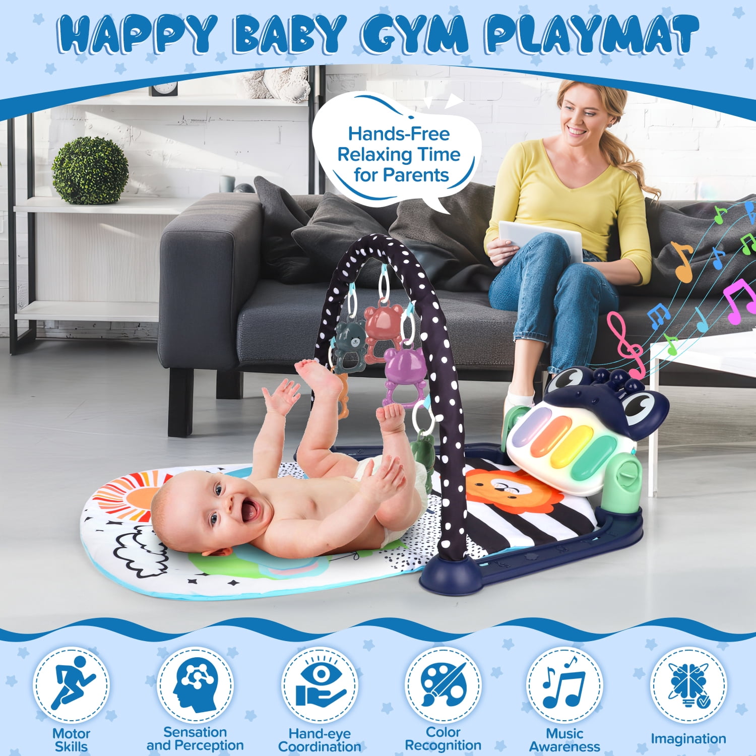 UUSUOO Baby Gym Play Mat,Kick and Play Piano Gym Tummy Time Activity Mat with 5 Infant Sensory Toys,Music and Lights, Boys & Girls Gift for Newborns 0-3-6-9-12 Months
