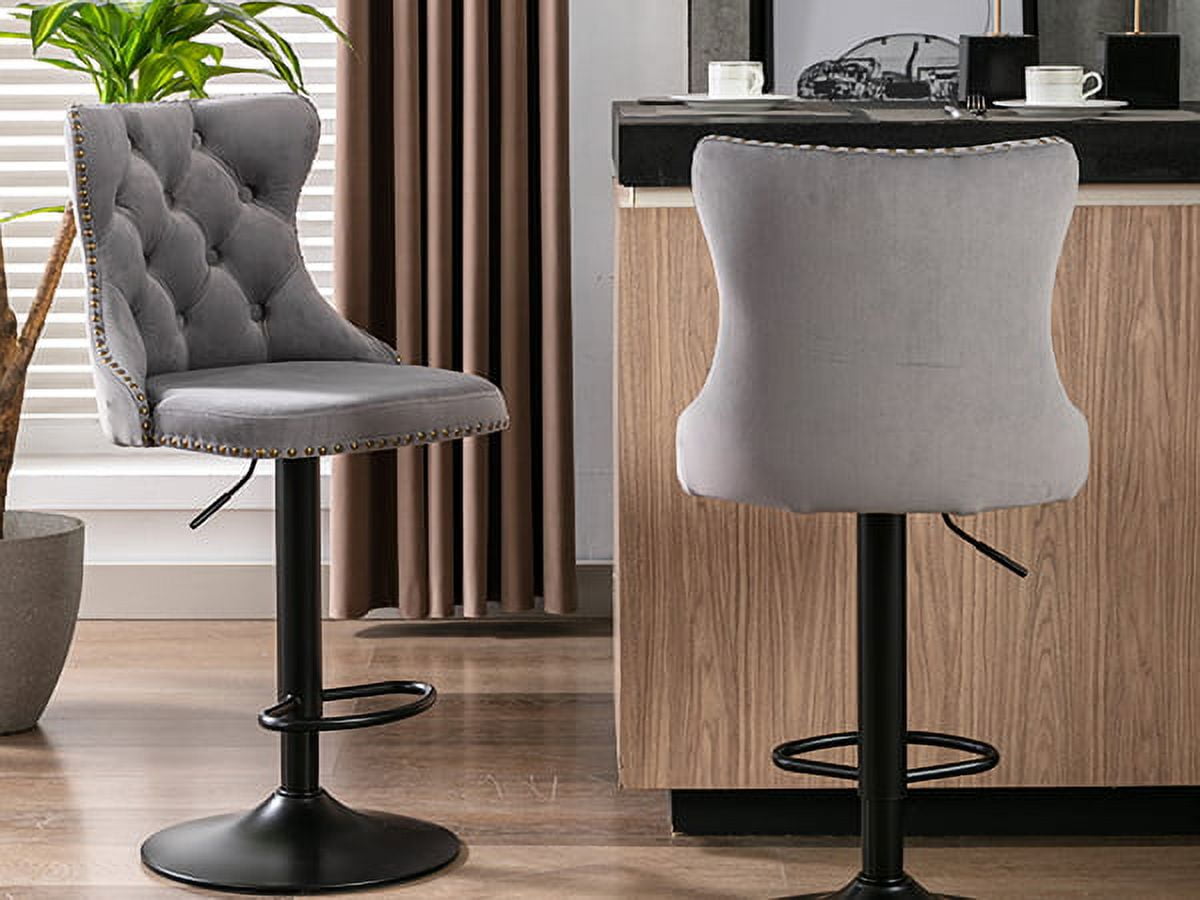 ODUSE-DAILY Gray Velvet Bar Stools Set of 2 - Adjustable Swivel Counter Height Chairs with Tufted Back and Nailhead Trim for Kitchen Island Pub Restaurant (2Pcs, Black Metal, Grey)