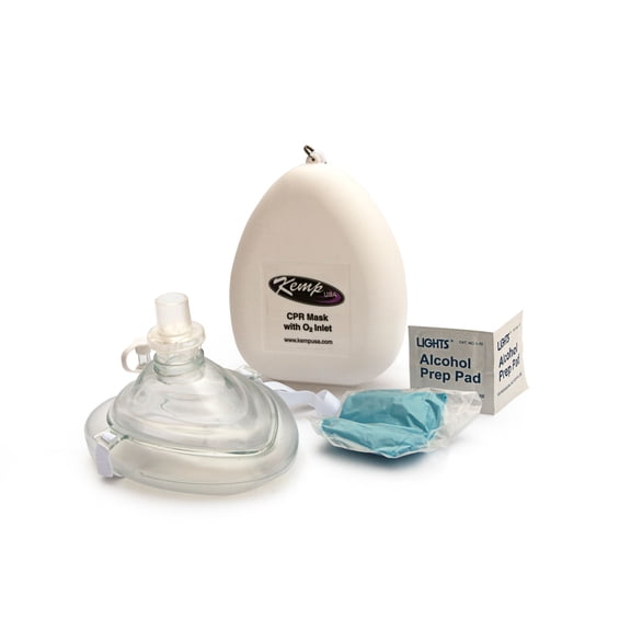 Kemp CPR Mask with O2 Inlet, Headstrap, Gloves and Wipes