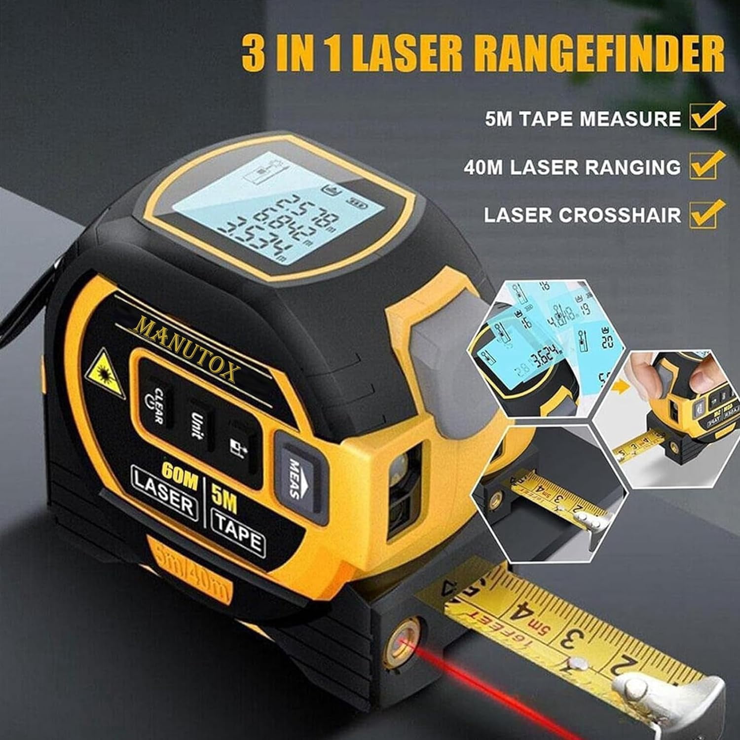 Generic 3-in-1 Infrared Laser Tape Measuring, Digital Tape Measure with Laser, Laser Measuring Tape, Laser Measuring Tool, Retractable Electric Tape Measure with Led Display (60m(196FT))