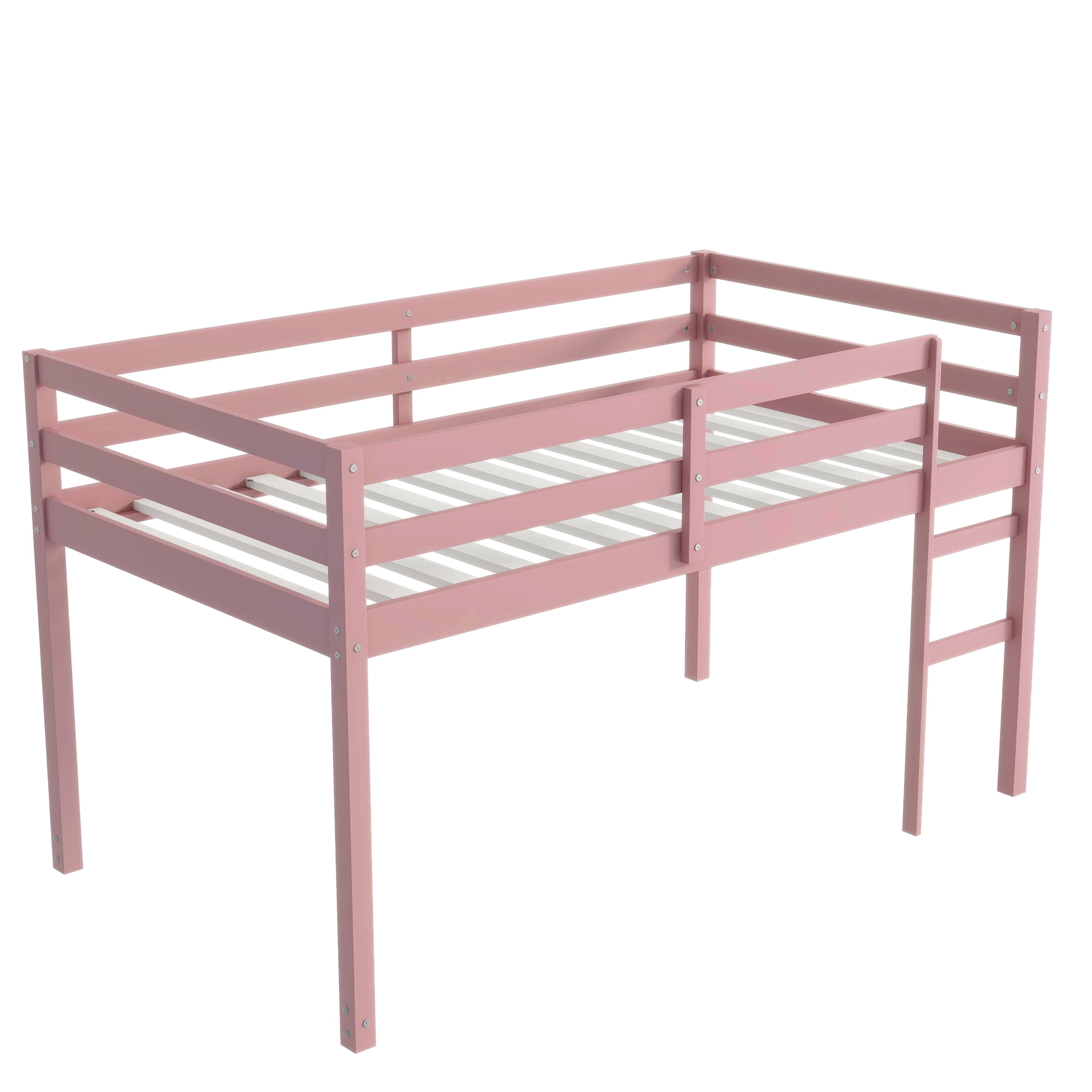 Miniyam Twin Loft Bed for Kids, Solid Wood Frame with Ladder and Guardrails, Space-Saving Design, Pink