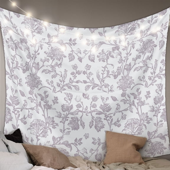 Spring Flower Tapestry for Bedroom Wall Hanging Tapestry, Vintage Farmhouse Light Purple Boho Leaf Ceiling Backdrop Tapestries Poster Blanket Wall Decor for Teens Room Living Room Dorm 55" x 73"