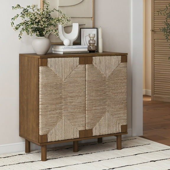 Nathan James Beacon Boho Accent Cabinet with Doors, Free Standing Kitchen Cabinet Storage with Adjustable Interior Shelf and Seagrass Accent, Dark Brown