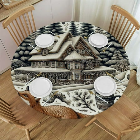 

Palnkart Snowflakes Pine Trees Fox Round Table Cover Stain Resistant Washable Indoor Outdoor Tablecloth Kitchen Dining Wedding Parties 100% Polyester Christmas Theme 54-58