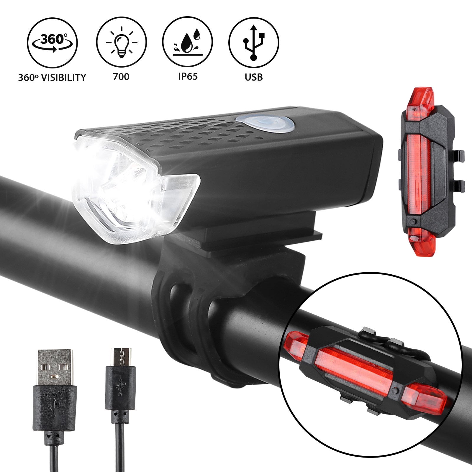 Solar Power Bicycle Light Set USB Rechargeable Bike Lights Front Back LED Lamp