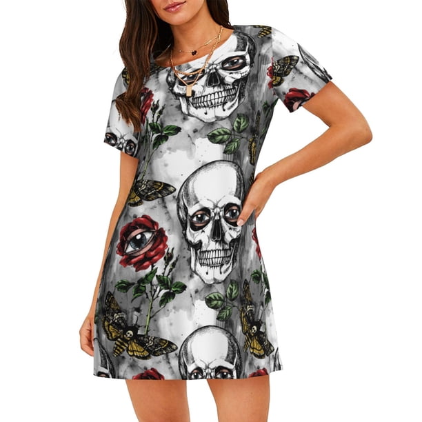 Balery Skulls Roses Camisón de manga corta con cuello redondo para mujer, cómodo y elegante.