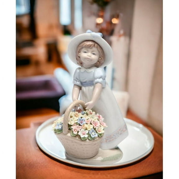 Ceramic Girl Figurine Flower Basket 4.625 x 3.5 x 7 Vintage