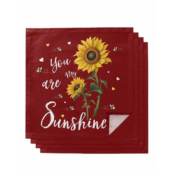 Red Sunshine Sunflower Cloth Napkins Set of 4 Reusable Dinner Napkins, Pastoral Bees Farmhouse Floral Cocktail Napkin Washable Table Napkins for Wedding/Holiday Party/Baby Shower 20"x20"