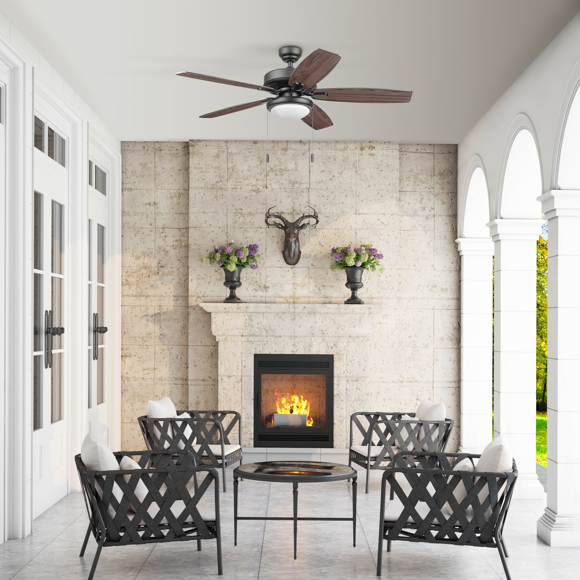 Honeywell Blufton 52" Traditional Black Indoor/Outdoor Ceiling Fan with Light, Pull Chains & Reversible Motor