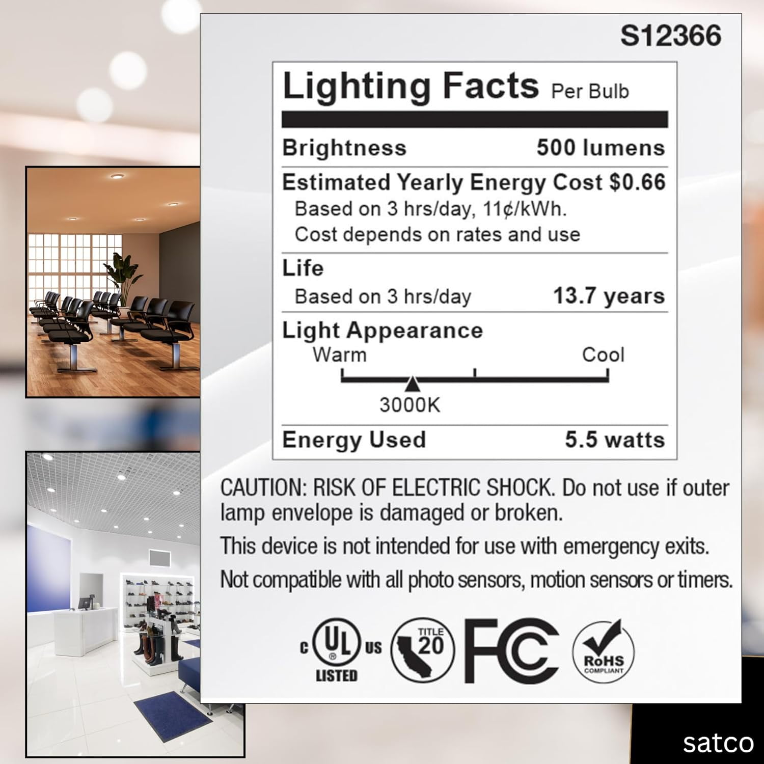 Satco S12366 MR16 LED Flood Light Bulbs 12V 5.5W 3000K GU5.3 Base Dimmable (12 Pack)
