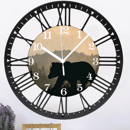 Iron Cabin Bear Wall Clock Battery Operated 10 Inch Silent IronWall Clocks Rustic Farmhouse Wall Clocks for Lodge Living Room Kitchen Office Decor Style 10×10inch(25×25cm)