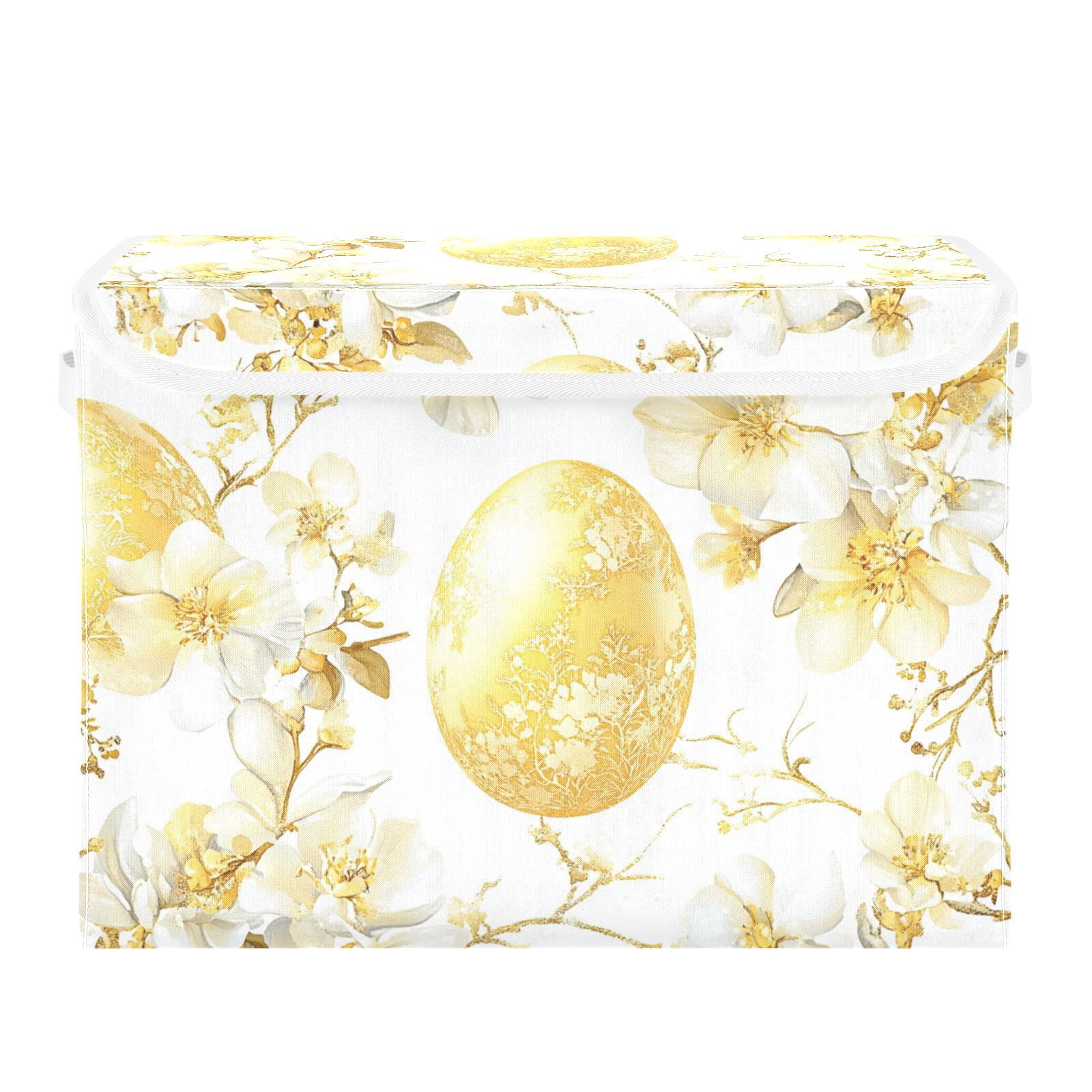Gold Easter Eggs Flowers Storage Basket for Shelves Foldable Container Organizer for Organizing Toys Clothes Books with Handles