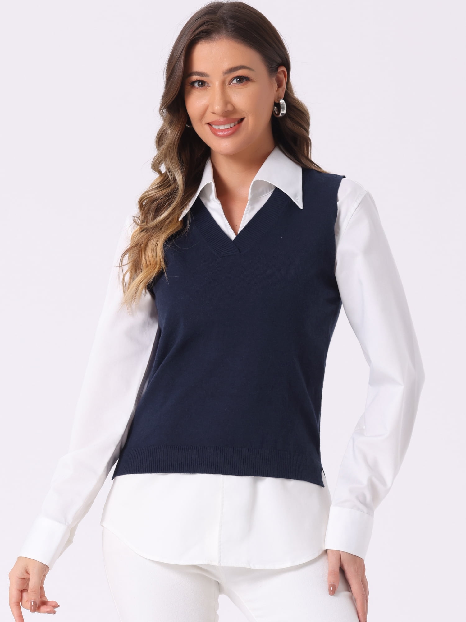 DARING DIVA Women's V Neck Sleeveless Pullover Sweater Vests L Dark Blue