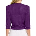 thumbnail image 5 of AHMOMEI Women’s Shimmer Sheer Mesh Tie-Front Shrug, 3/4 Sleeve Open Front Cropped Cover Up, Lightweight Knit Cardigan for Summer Purple XL, 5 of 6