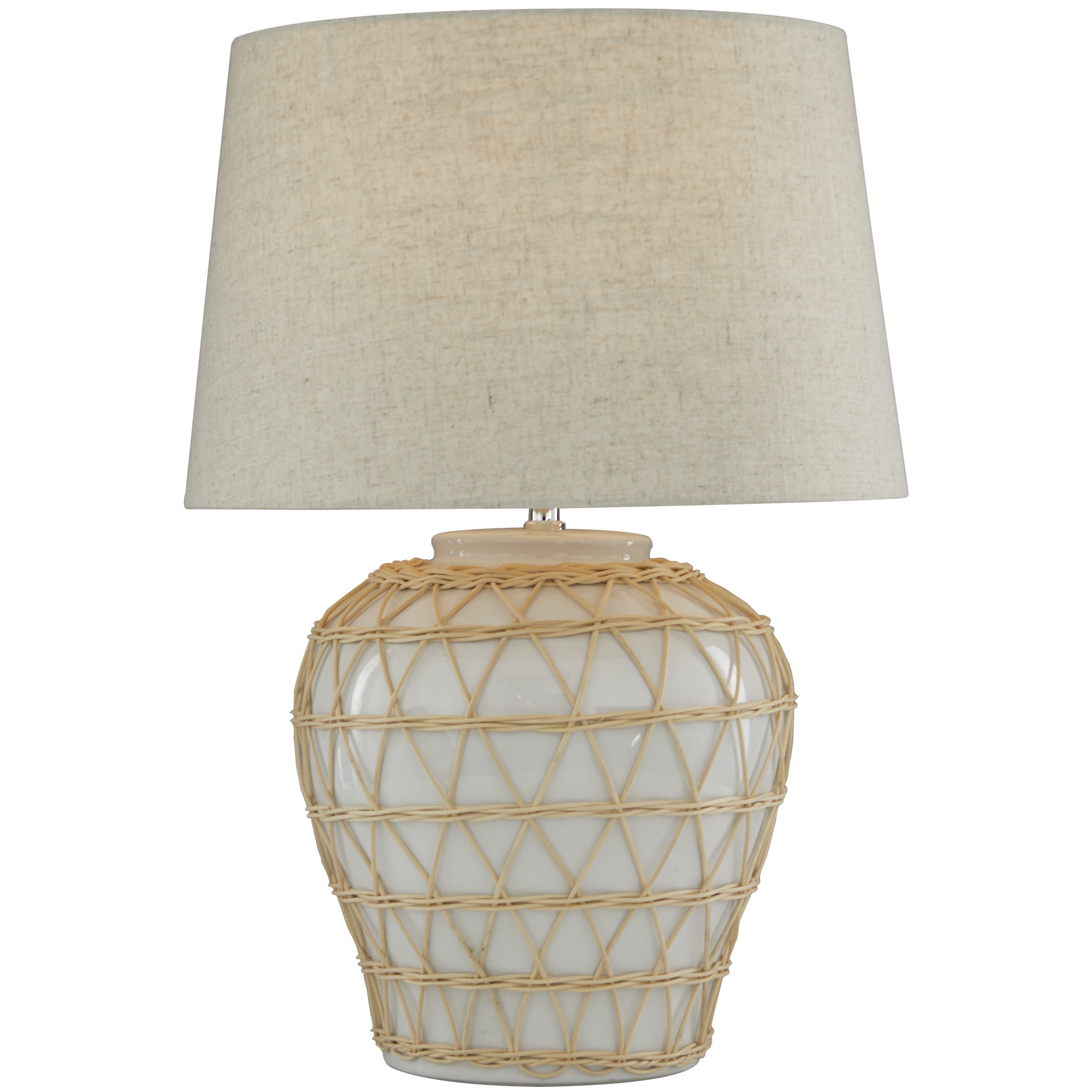 DecMode 23" Woven Rattan Geometric White Table Lamp with Cream Linen Shade