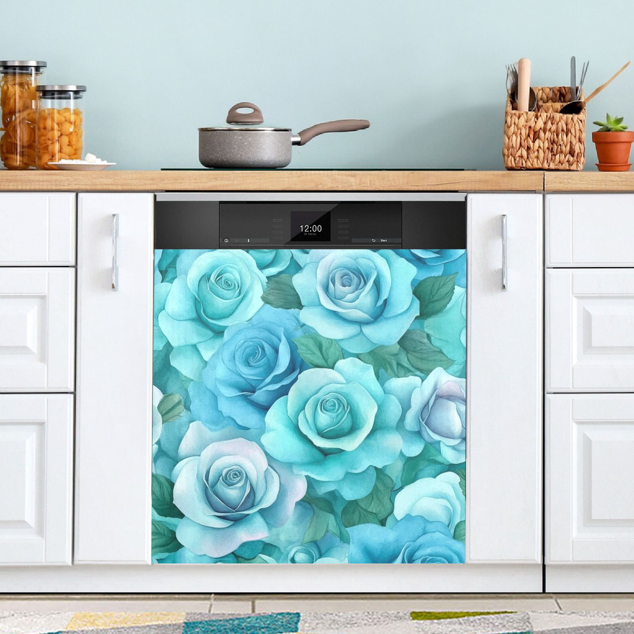 Dishwasher Magnetic Sticker 23x26 Inch Refrigerator Magnetic Sticker Washing Machine Magnetic Sticker Kitchen Panel Magnetic Sticker Home Decor Cartoon Turquoise Roses