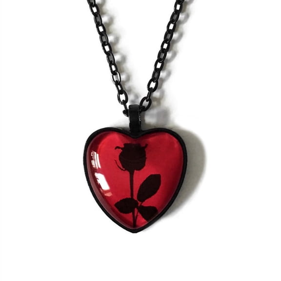 Heart Pendant Necklace with Black Rose Pattern Fashion Heart Charm Choker Chain Valentines Day