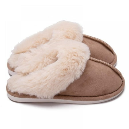 

Gyuzh Women Men Slipper Memory Foam Fluffy Soft Warm Slip on House Slippers Anti-Skid Cozy Plush for Home Khaki