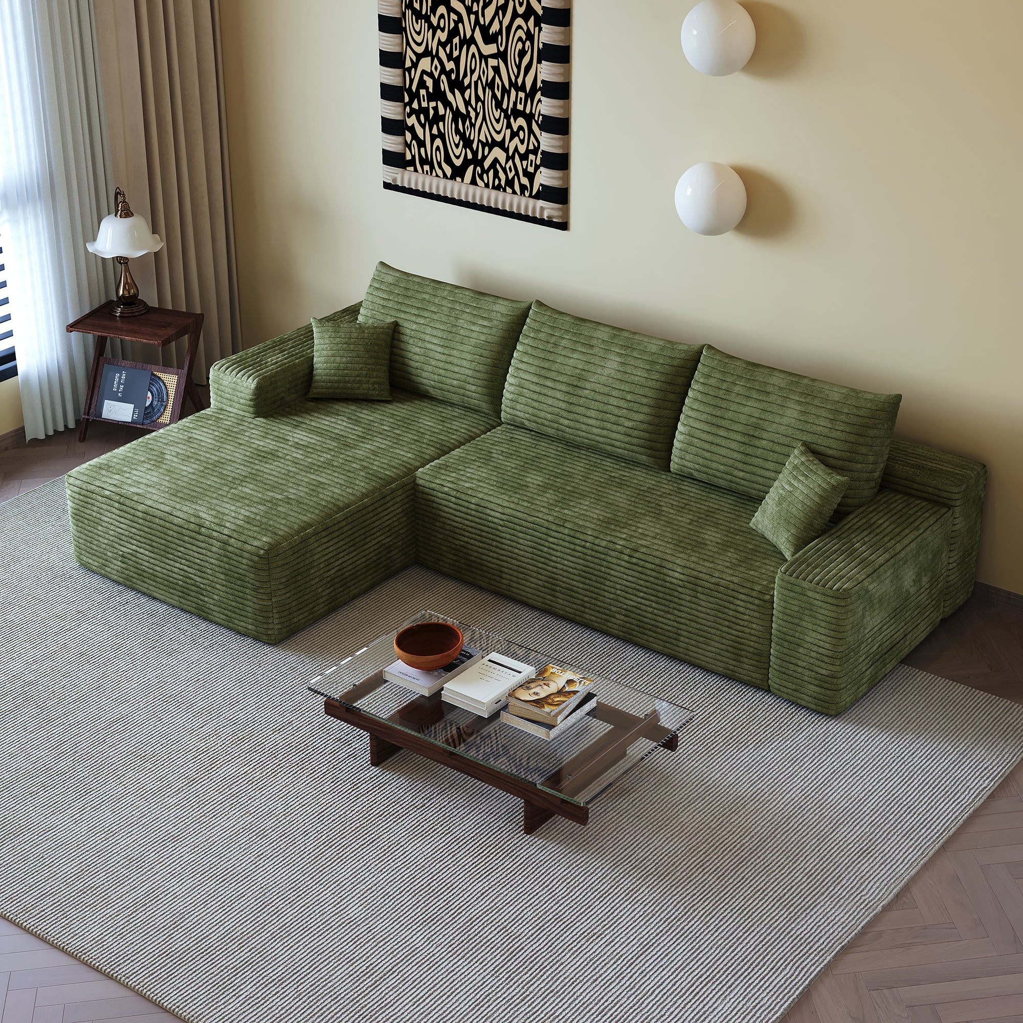 Cloud Sectional Sofa 107 Inch, L Shape Modular Couch with Deep Seat and Corduroy Fabric for Living Room, No Assembly Required, Green