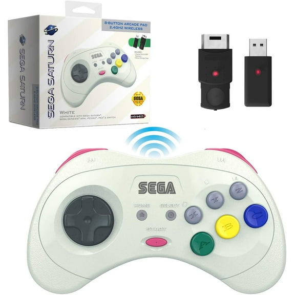 Sega Genesis Sega Saturn 8-Button USB Port Wireless Controller (White, 2.4Ghz)