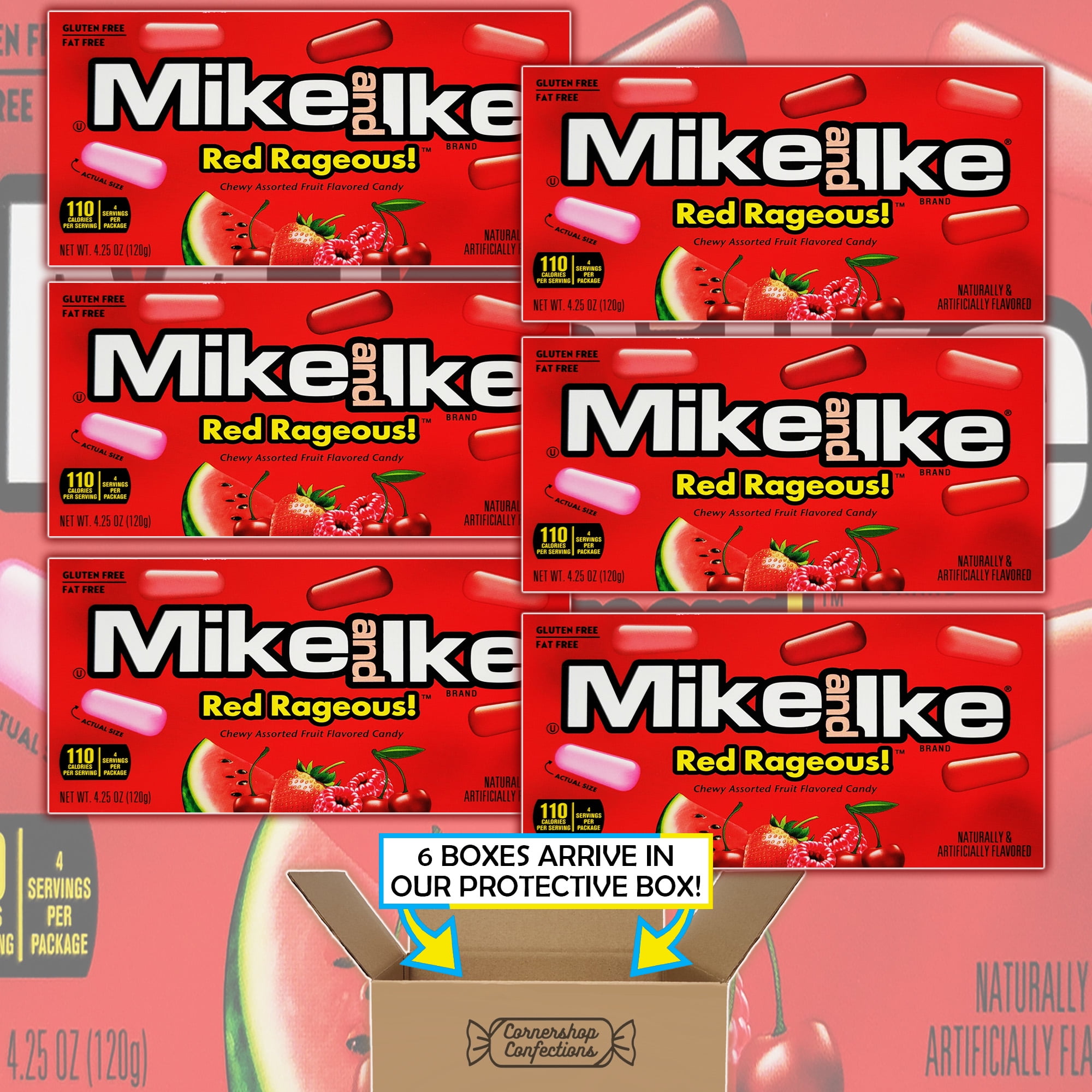 Mike and Ike Red Rageous Movie Theater Box Candy Bundle Pack - 6 Individually Sealed 4.25 Ounce Boxes - Chewy Assorted Fruit Flavored Candy - Snacks, Lunches, Movies in Cornershop Confections Pack