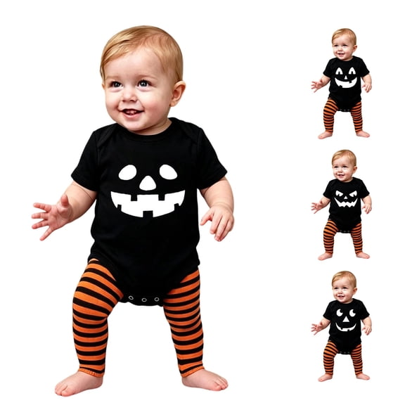 REDARER Baby Halloween Pumpkin Face Short Sleeve Bodysuit Romper for My First Halloween Holiday Party Photoshoot Casual Daily Dress Up Outfit,3-6 Months
