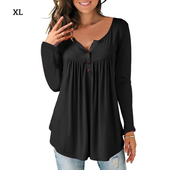 Camisa de mujer Botón plisado Blusa suelta Camiseta de manga larga Top, Negro, XL Vogacara  AP000668-01