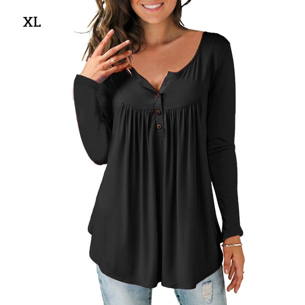 Camisa de mujer Botón plisado Blusa suelta Camiseta de manga larga Top, Negro, XL Vogacara AP000668-01