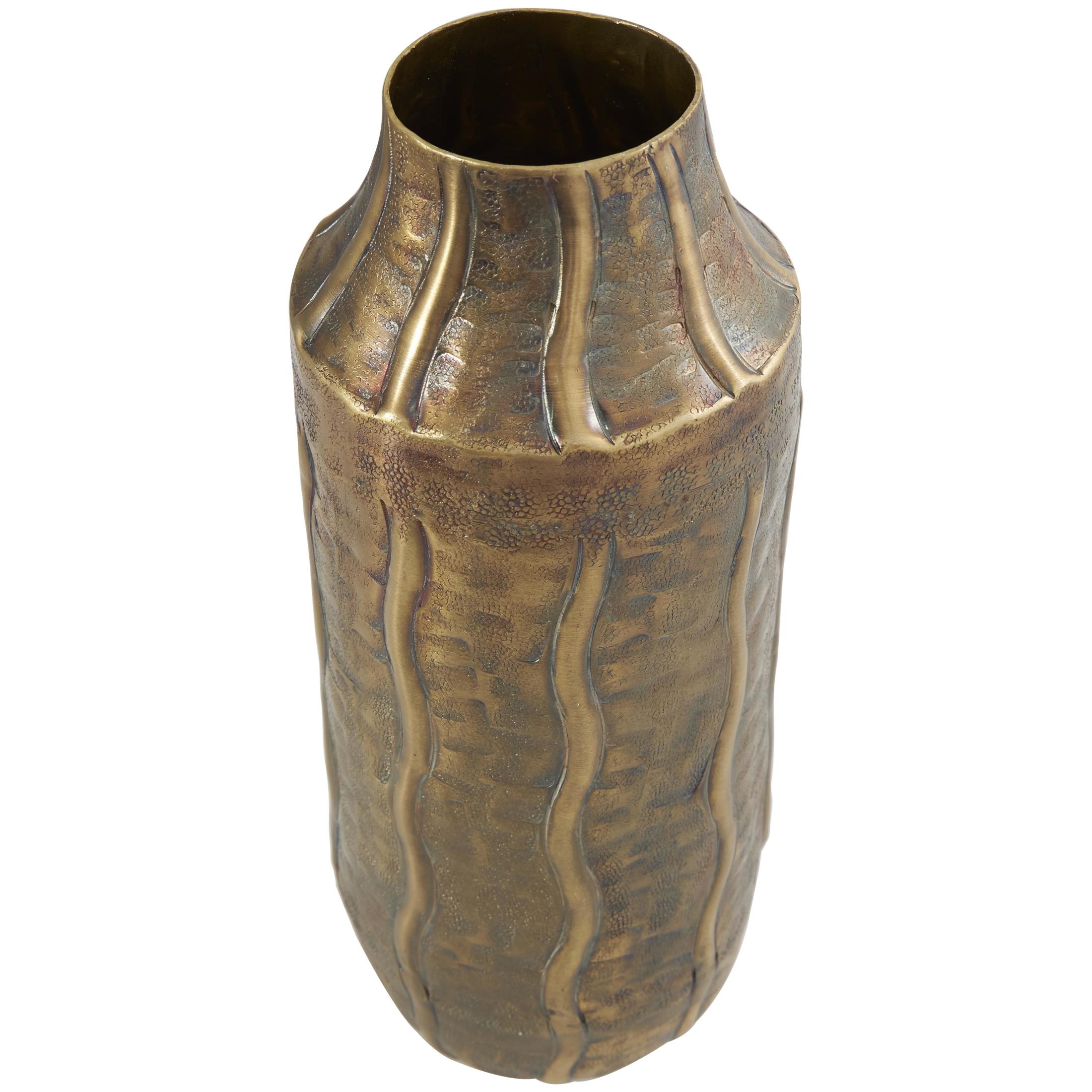 DecMode 14" Snakeskin Inspired Brass Metal Vase with Dimensional Wavy Accents