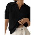 thumbnail image 2 of Women'S Cable Short Sleeve Sweaters Tops Solid Lapel V Neck Knit Casual Soft Pullover Shirt Black S, 2 of 6