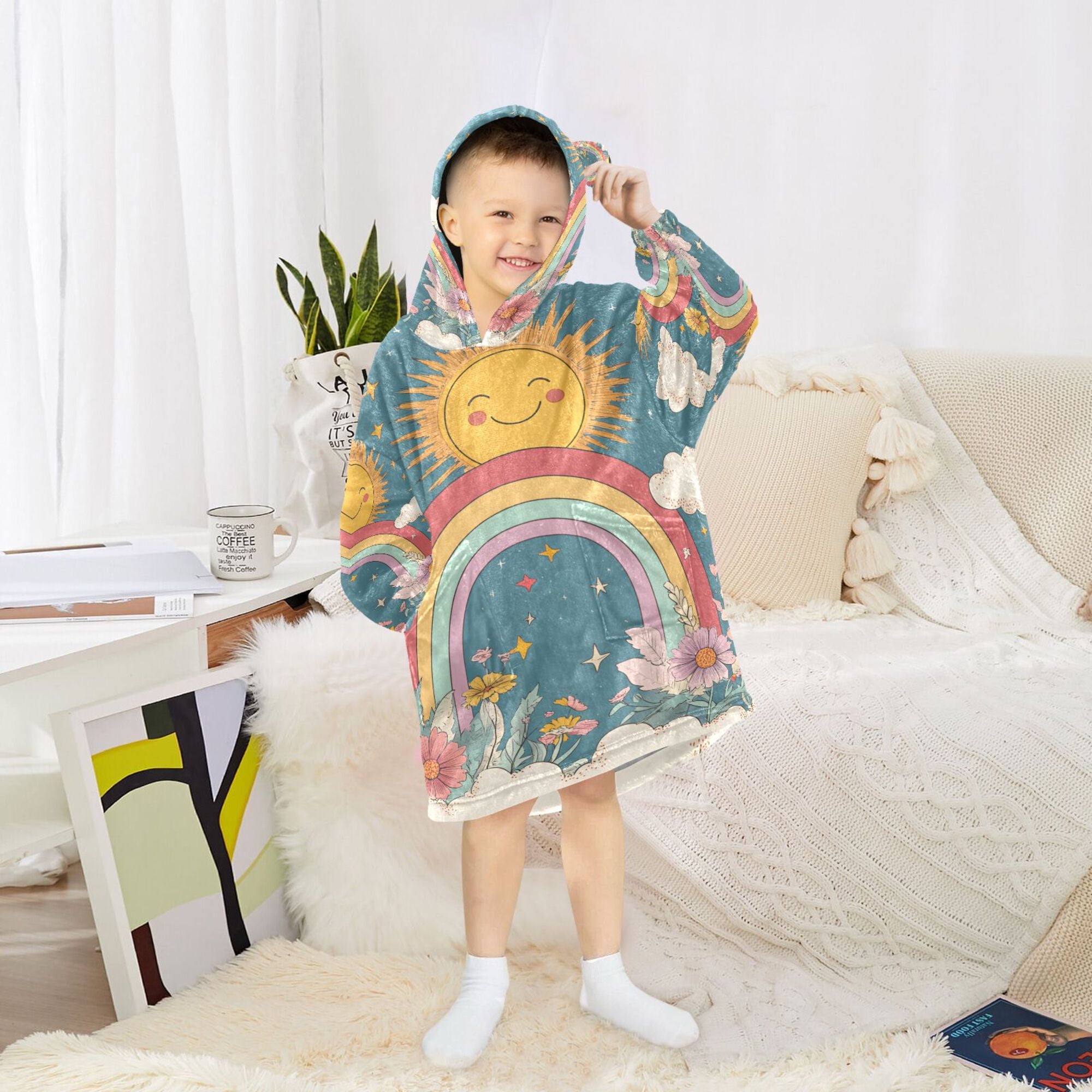 FORMRS Wearable Blanket Hoodie with Sleeves for Kids Cozy Flannel Sweatshirt, Blue Rainbow