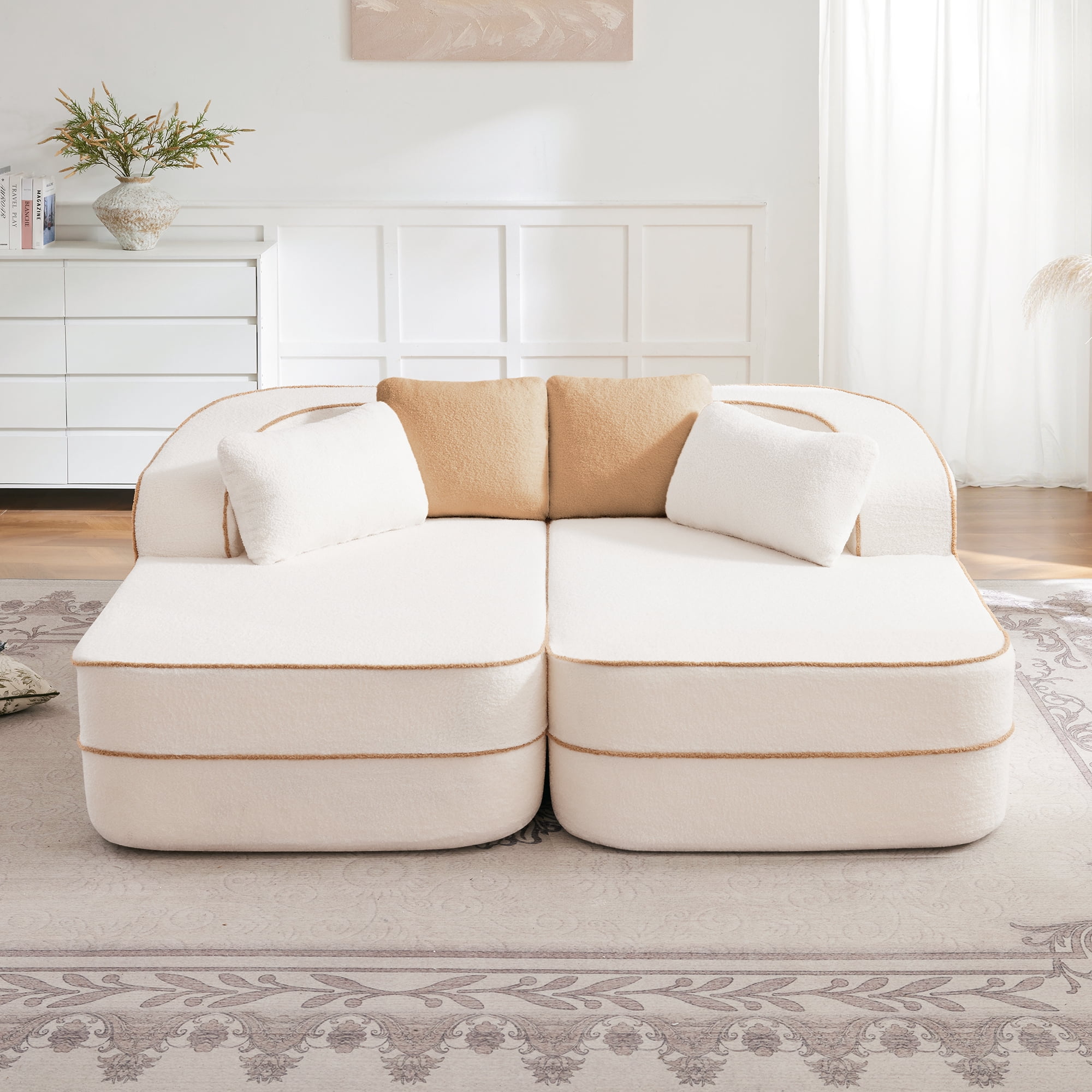 MAYEERTY 77.2" U-Shaped Teddy Fabric Boneless Sofa, White 1200LBS Capacity 32D Foam No Assembly Couch with Double Chaises for Living Room