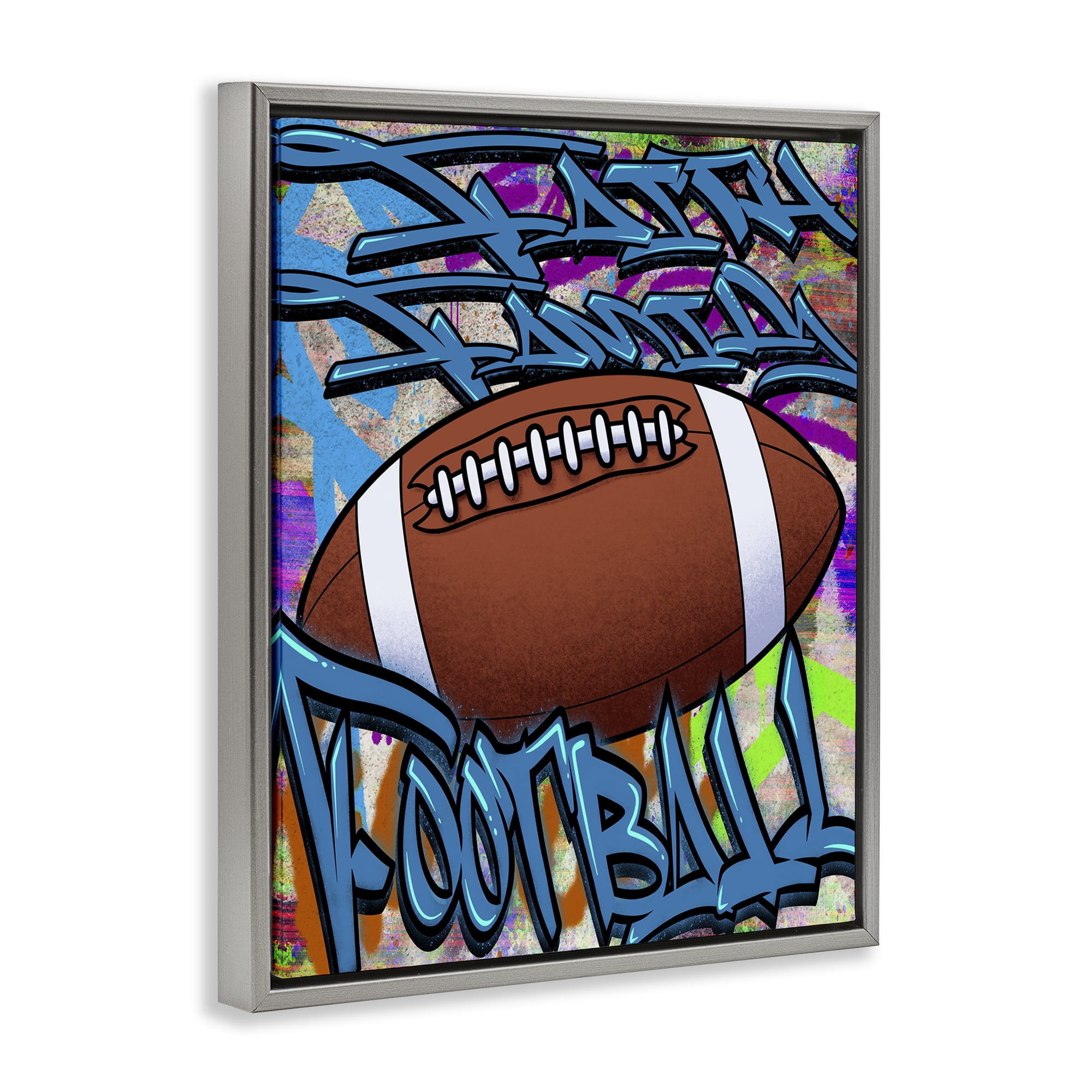 Stupell Industries Faith Family Football Graffiti Gray Framed Floater Canvas Wall Art, design by Marcus Prime