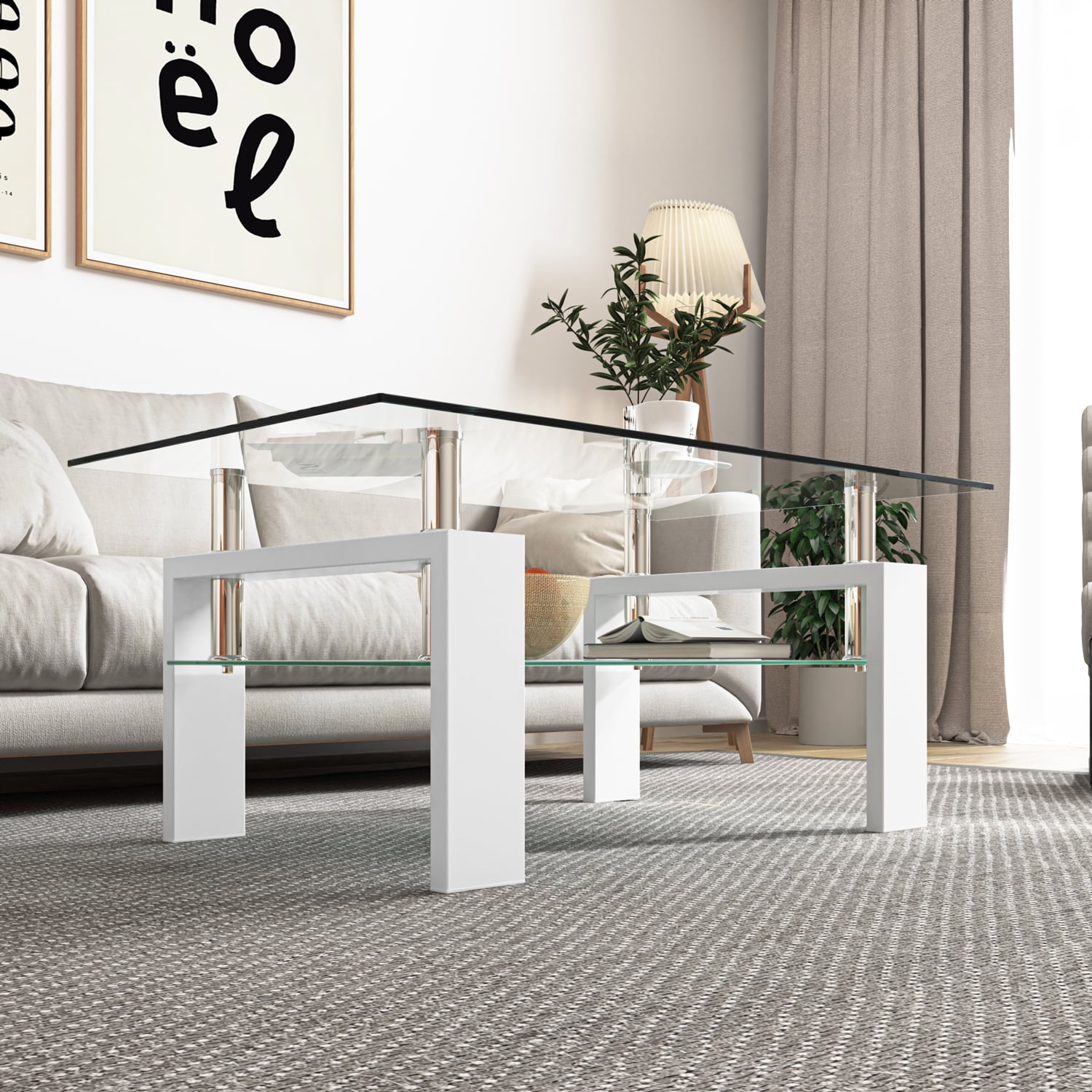 Resenkos Industrial Living Room Table with Open Storage and White Wood Legs, Clear Glass Coffee Table Sofa Tables for Home Office