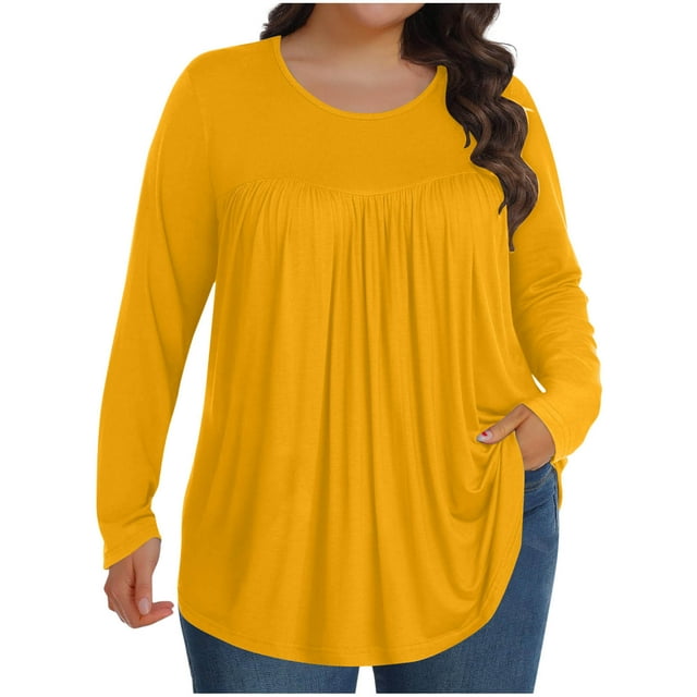 fatyb Hauts Grande Taille pour Femmes Manches Longues Tunique Plissée Décontractée Chemisiers Amples Habillés