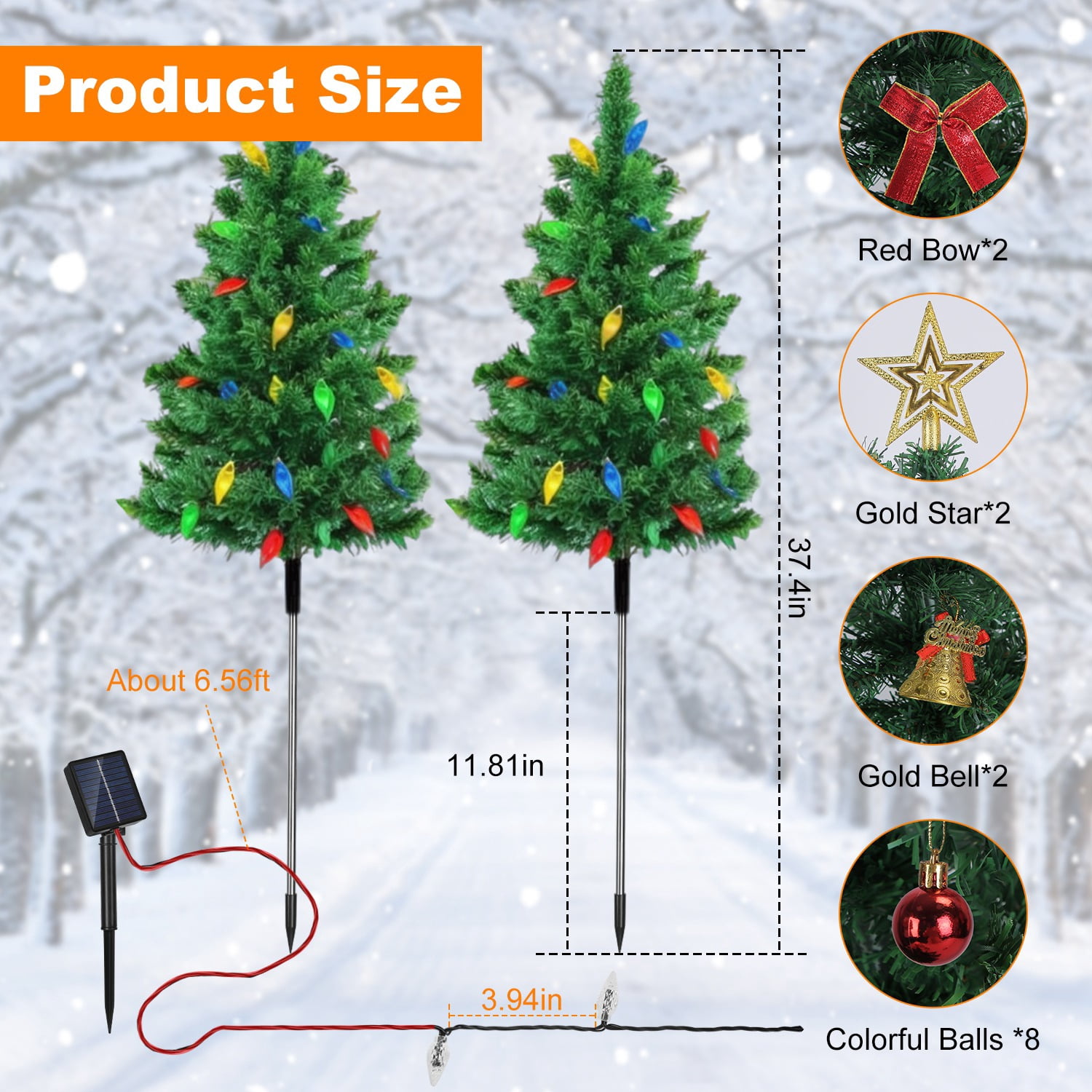 Astoutdoor Solar Christmas Tree Lights, 2 Pack, 37.4 in, 100 LED, 4 Colors, 8 Modes, IP44 Waterproof Outdoor Pathway Decor with Ornaments