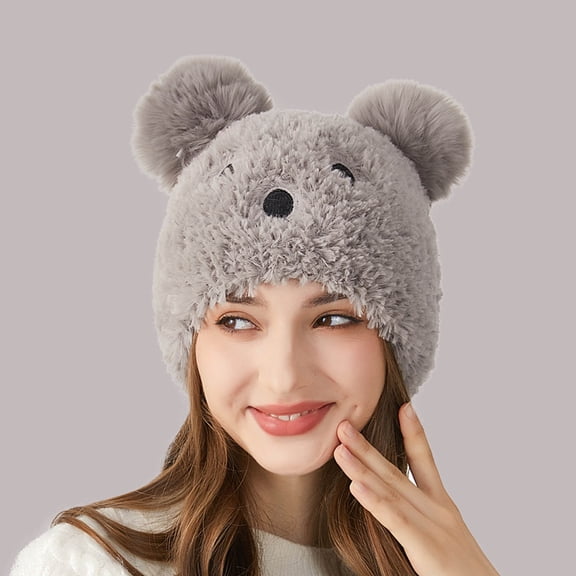 Cute Bear Ears Plush Sherpa Beanie Windproof Cap Warm Animal Hat for Women (Grey M)
