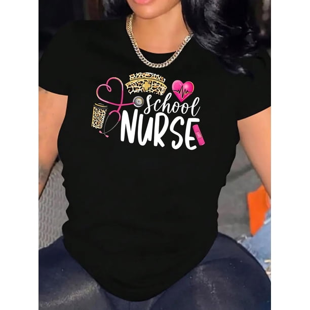 Women's Casual Chic School Nurse Graphic Tee - Comfy Knit Polyester Blend, Crew Neck, Short Sleeve, Stretchy & Breathable Summer Top, Machine Washable