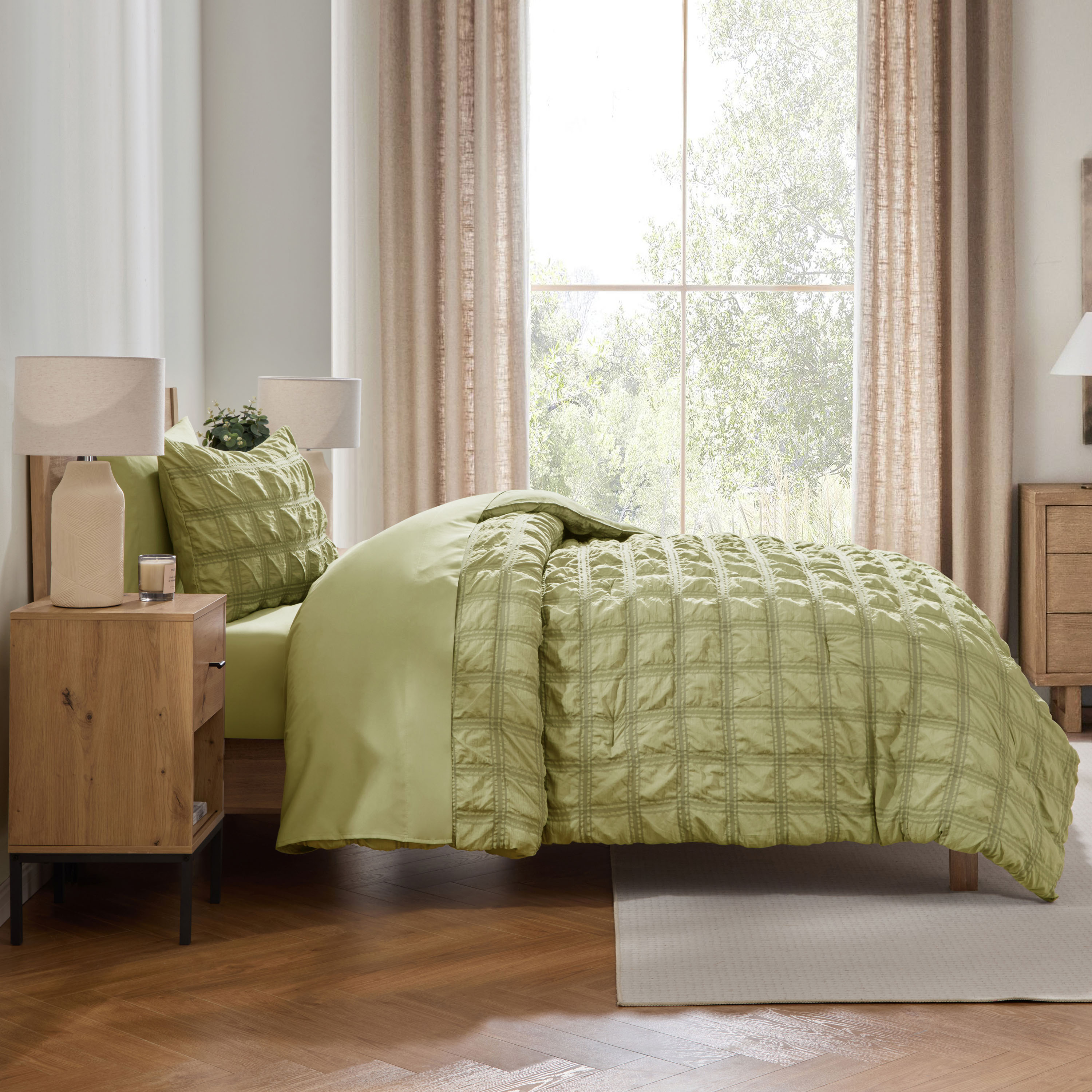 LammaLoe Twin Comforter Sets, 7 Piece Seersucker Bed in a Bag, Bedding Comforter Set with Sheets, Modern Bed Set, Olive Green
