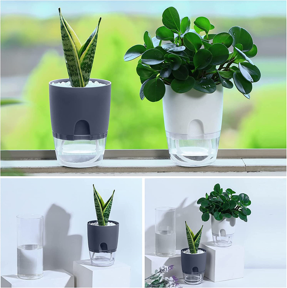 NOGIS 6 Inch Self Watering Flower Pots - Set of 3 Plants Wicking Pots, Violet Pots with Wick Cotton Rope, Plastic Planter Pot with Large Water Storage for Indoor Plants, Flowers, Herbs (White)
