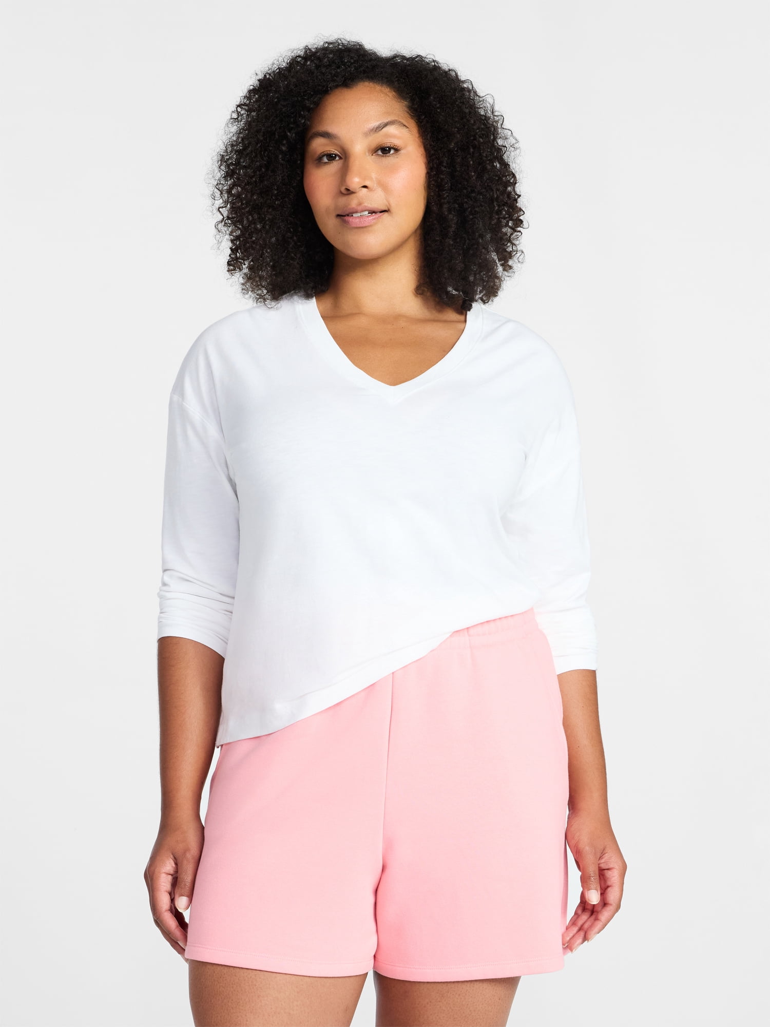 Time and Tru Women's Boxy Slub V-Neck Tee with Long Sleeves, Sizes XS-XXXL