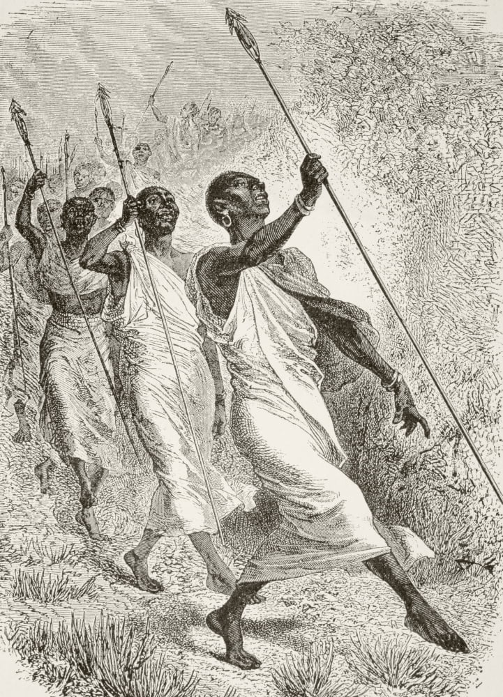 Warriors From Unyoro Dancing Unyoro Is Present Day Bunyoro One Of The Kingdoms Of Uganda From Afrika Dets Opdagelse Erobring Og Kolonisation Published In Copenhagen 1901 Canvas Art - Ken Welsh Design