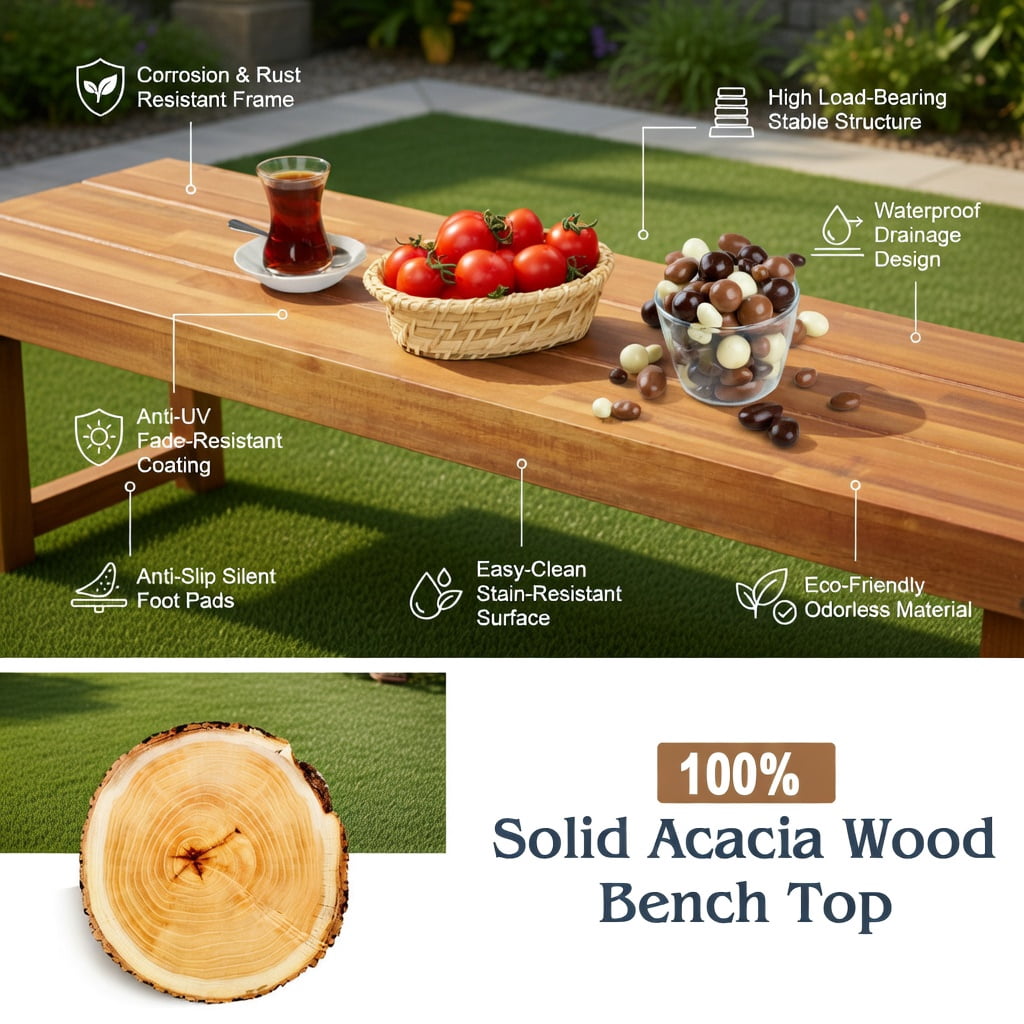 Hommoo 2-Pack Outdoor Acacia Wood Dining Benches for Patio, Rust-Resistant Steel Frame, Brown