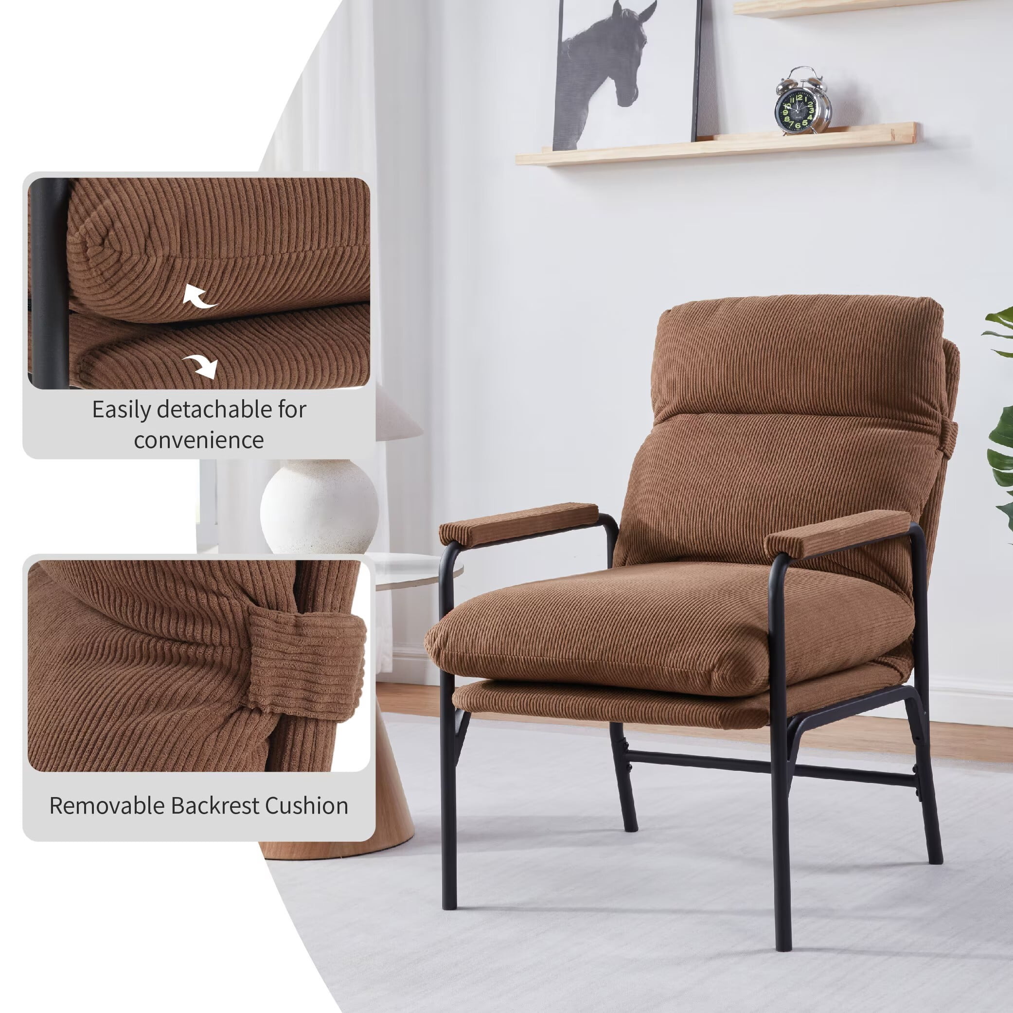Avobird Modern Accent Chair for Living Room, Bedroom, Office, Vanity Chair with Adjustable Armrests & Removable Cushion, Brown