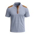 thumbnail image 2 of FRSASU Men's Contrast-Colored Stitched BrownTee Imation Suede Half-Buttoned Short-Sleeved Shirt Stand Collar T-shirts Sky Blue, 2 of 4