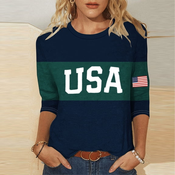 Vetsdori American Flag T Shirts for Women July 4th Summer Pullover Red White and Blue 3/4 Sleeve Casual Crew Neck,Independence Day Juniors Tops Fashion