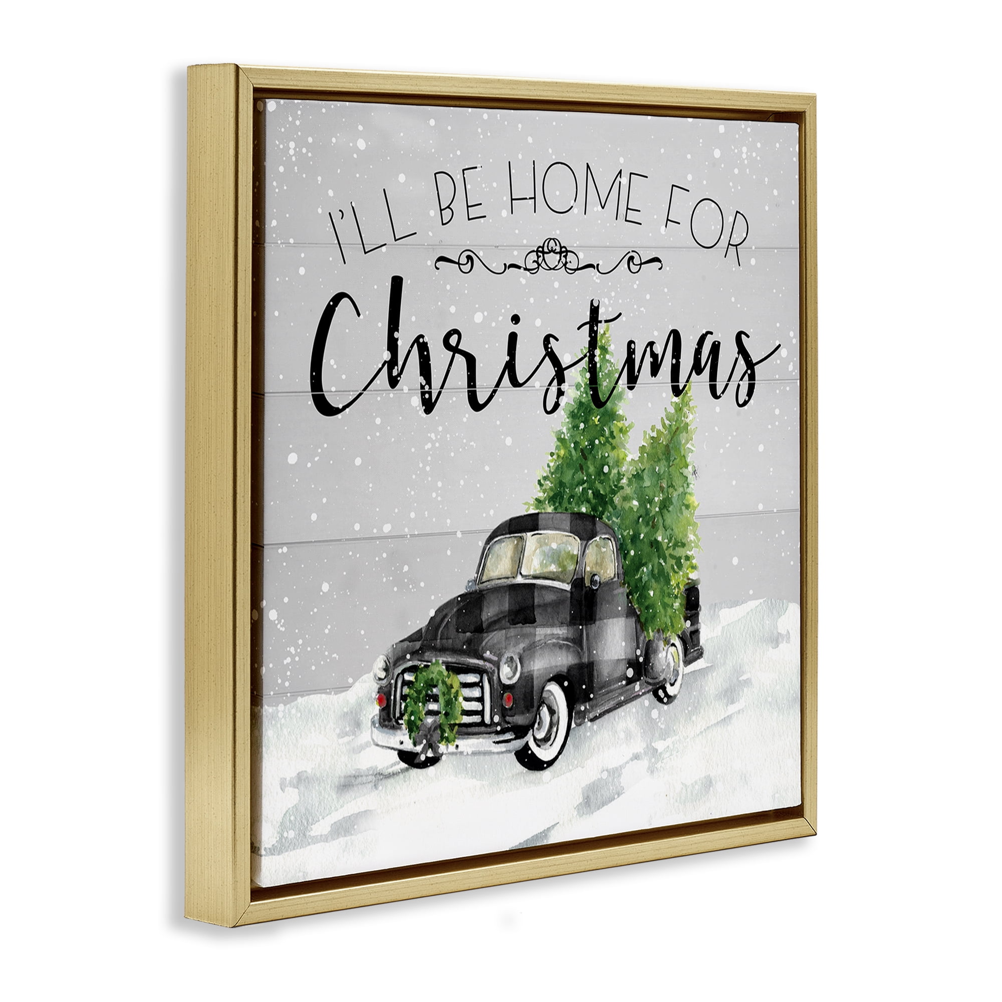 Stupell Industries Plaid Truck Christmas Phrase Holiday Painting Gold Floater Framed Canvas Art Prints Wall Art, 18 x 18