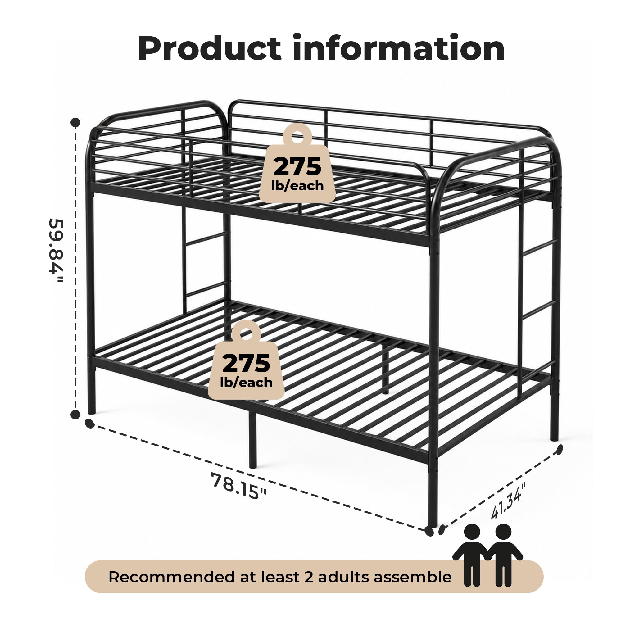 Alvantor Bunk Bed Twin over Twin, Metal Bunk Bed for Kids with Ladder Black